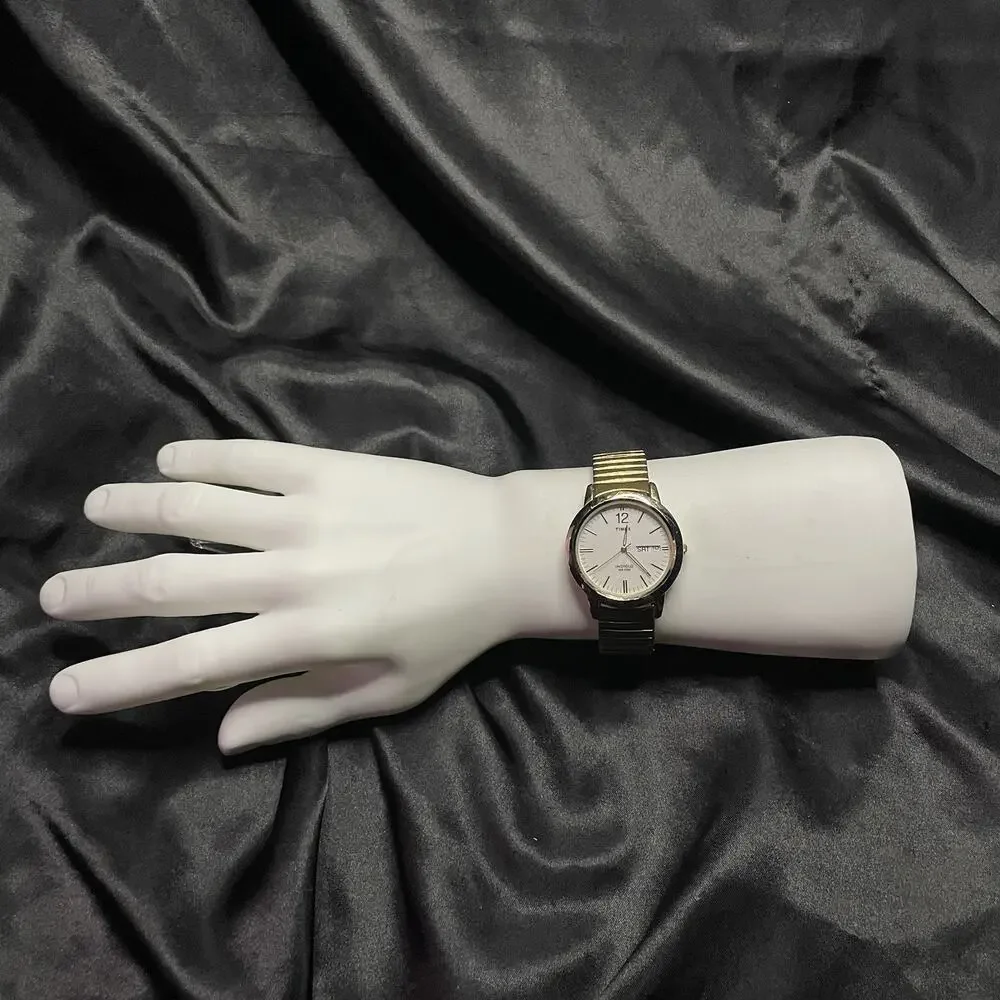 Timex Indiglo Quartz Day/Date Indiglo SS Gold Tone White Dial 38mm New Battery